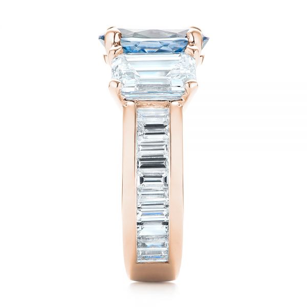 18k Rose Gold 18k Rose Gold Custom Three Stone Aquamarine And Diamond Engagement Ring - Side View -  103364