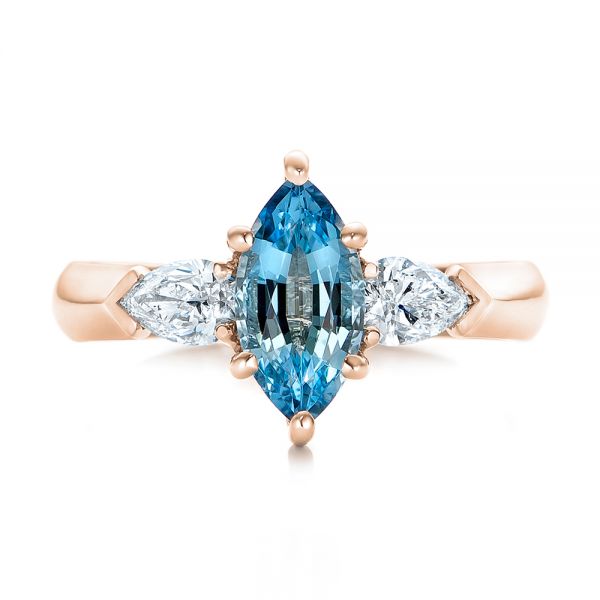 18k Rose Gold 18k Rose Gold Custom Three Stone Aquamarine And Diamond Engagement Ring - Top View -  102105