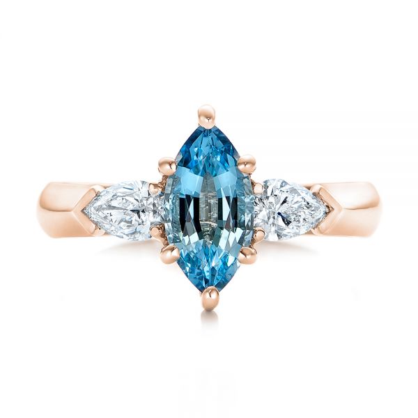 14k Rose Gold 14k Rose Gold Custom Three Stone Aquamarine And Diamond Engagement Ring - Top View - 102105