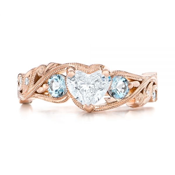 14k Rose Gold Custom Three Stone Aquamarine And Diamond Engagement Ring - Top View -  102408