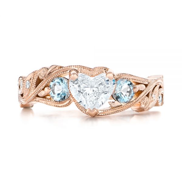 18k Rose Gold 18k Rose Gold Custom Three Stone Aquamarine And Diamond Engagement Ring - Top View -  102408