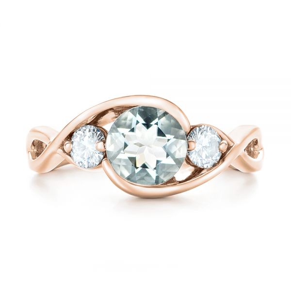 14k Rose Gold 14k Rose Gold Custom Three Stone Aquamarine And Diamond Engagement Ring - Top View -  102989