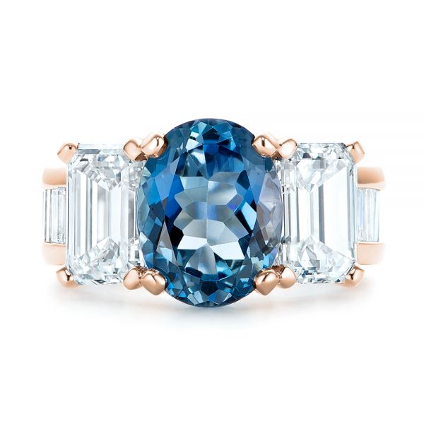 18k Rose Gold 18k Rose Gold Custom Three Stone Aquamarine And Diamond Engagement Ring - Top View -  103364