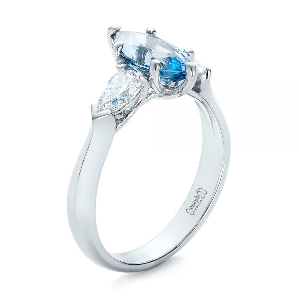  Platinum Custom Three Stone Aquamarine And Diamond Engagement Ring - Three-Quarter View -  102105