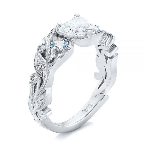 18k White Gold 18k White Gold Custom Three Stone Aquamarine And Diamond Engagement Ring - Three-Quarter View -  102408