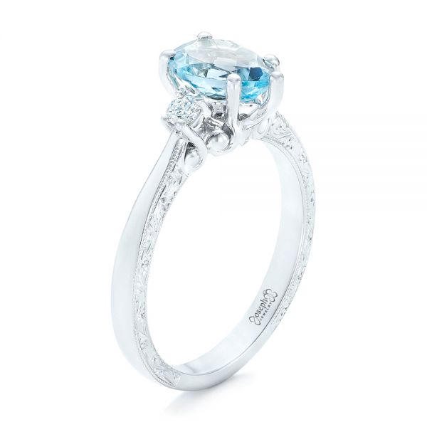 14k White Gold Custom Three Stone Aquamarine And Diamond Engagement Ring - Three-Quarter View -  102548