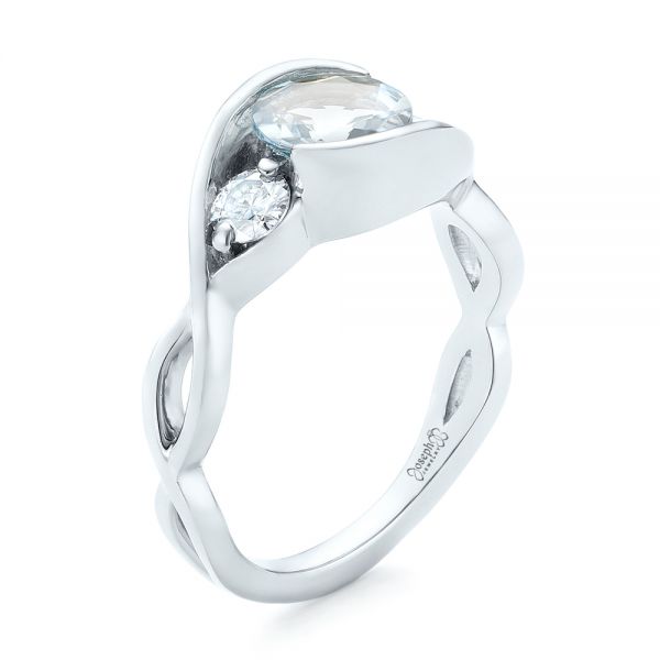 Custom Three Stone Aquamarine and Diamond Engagement Ring - Image