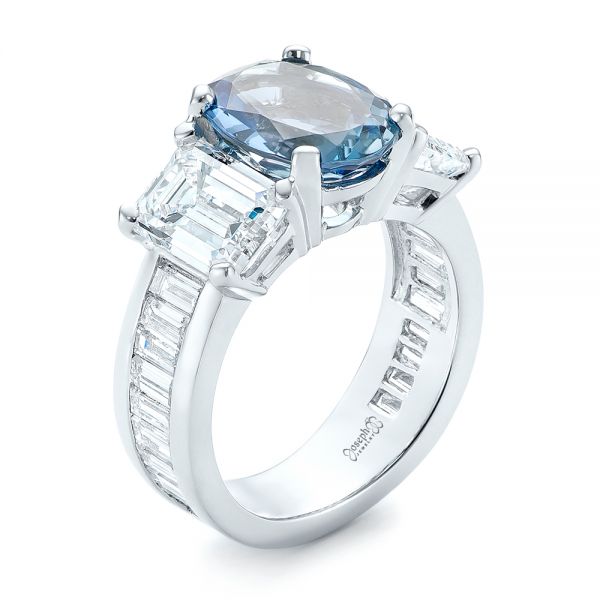  Platinum Custom Three Stone Aquamarine And Diamond Engagement Ring - Three-Quarter View -  103364