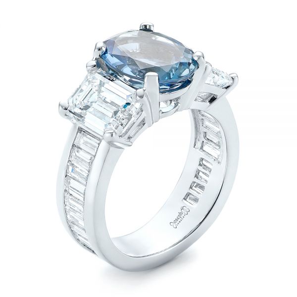 Platinum Custom Three Stone Aquamarine And Diamond Engagement Ring - Three-Quarter View - 103364