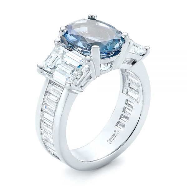 18k White Gold 18k White Gold Custom Three Stone Aquamarine And Diamond Engagement Ring - Three-Quarter View -  103364