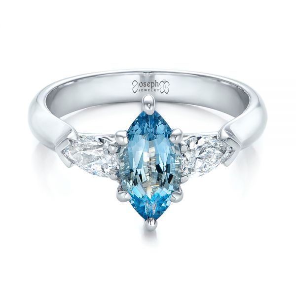  Platinum Custom Three Stone Aquamarine And Diamond Engagement Ring - Flat View -  102105