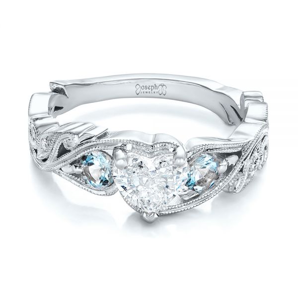 14k White Gold 14k White Gold Custom Three Stone Aquamarine And Diamond Engagement Ring - Flat View -  102408