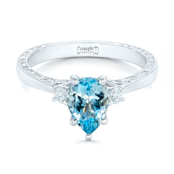 14k White Gold Custom Three Stone Aquamarine And Diamond Engagement Ring - Flat View -  102548