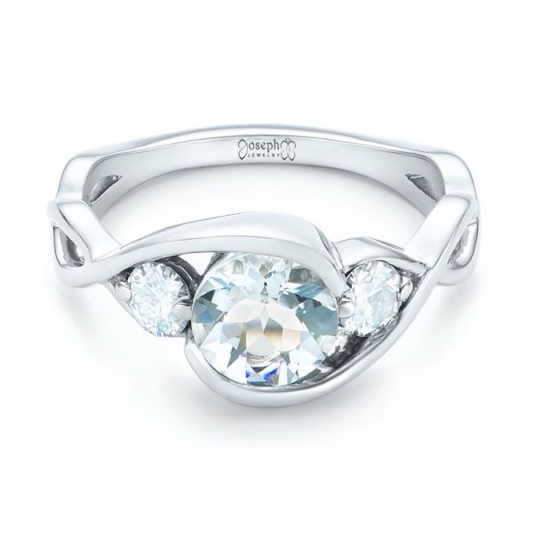  Platinum Platinum Custom Three Stone Aquamarine And Diamond Engagement Ring - Flat View -  102989