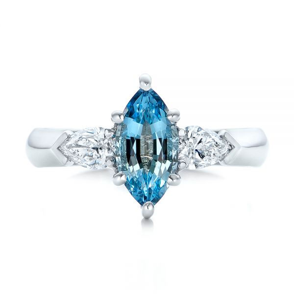  Platinum Custom Three Stone Aquamarine And Diamond Engagement Ring - Top View -  102105