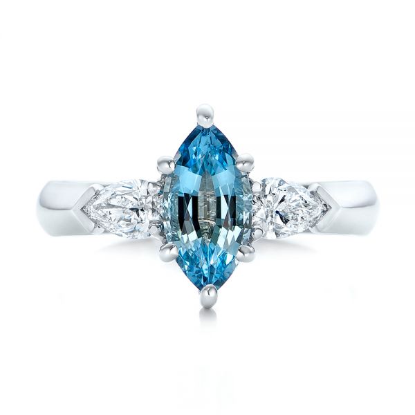 18k White Gold 18k White Gold Custom Three Stone Aquamarine And Diamond Engagement Ring - Top View -  102105