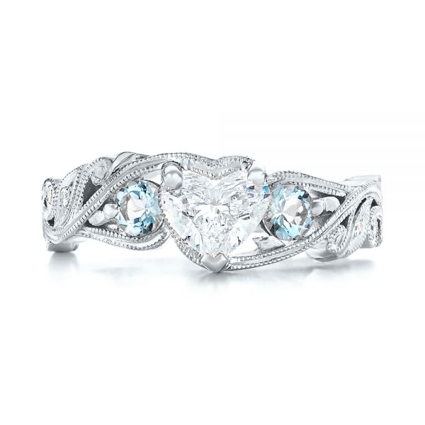 14k White Gold 14k White Gold Custom Three Stone Aquamarine And Diamond Engagement Ring - Top View -  102408