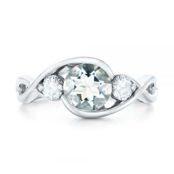  Platinum Platinum Custom Three Stone Aquamarine And Diamond Engagement Ring - Top View -  102989