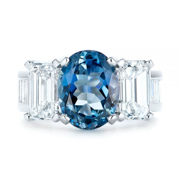  Platinum Custom Three Stone Aquamarine And Diamond Engagement Ring - Top View -  103364