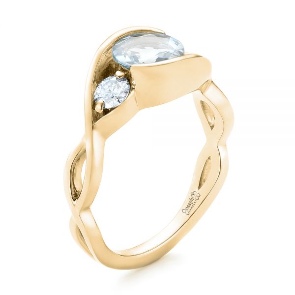 18k Yellow Gold 18k Yellow Gold Custom Three Stone Aquamarine And Diamond Engagement Ring - Three-Quarter View -  102989