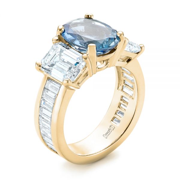 18k Yellow Gold 18k Yellow Gold Custom Three Stone Aquamarine And Diamond Engagement Ring - Three-Quarter View -  103364