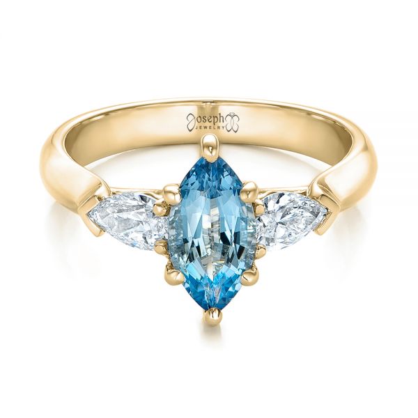 14k Yellow Gold 14k Yellow Gold Custom Three Stone Aquamarine And Diamond Engagement Ring - Flat View -  102105