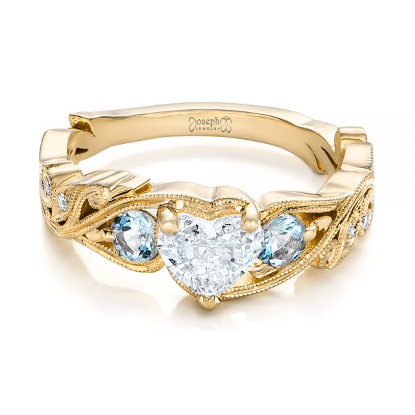 18k Yellow Gold 18k Yellow Gold Custom Three Stone Aquamarine And Diamond Engagement Ring - Flat View -  102408