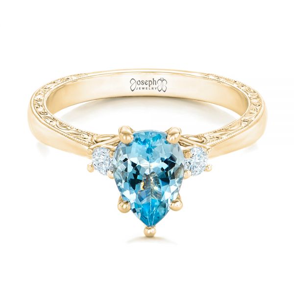 18k Yellow Gold 18k Yellow Gold Custom Three Stone Aquamarine And Diamond Engagement Ring - Flat View - 102548