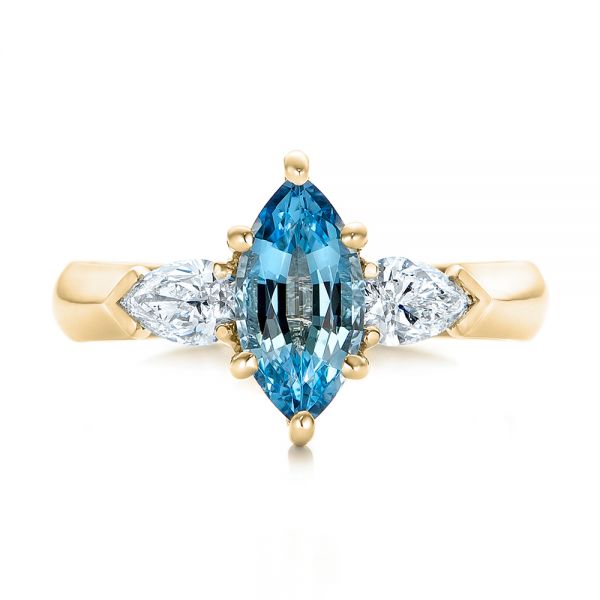 14k Yellow Gold 14k Yellow Gold Custom Three Stone Aquamarine And Diamond Engagement Ring - Top View -  102105