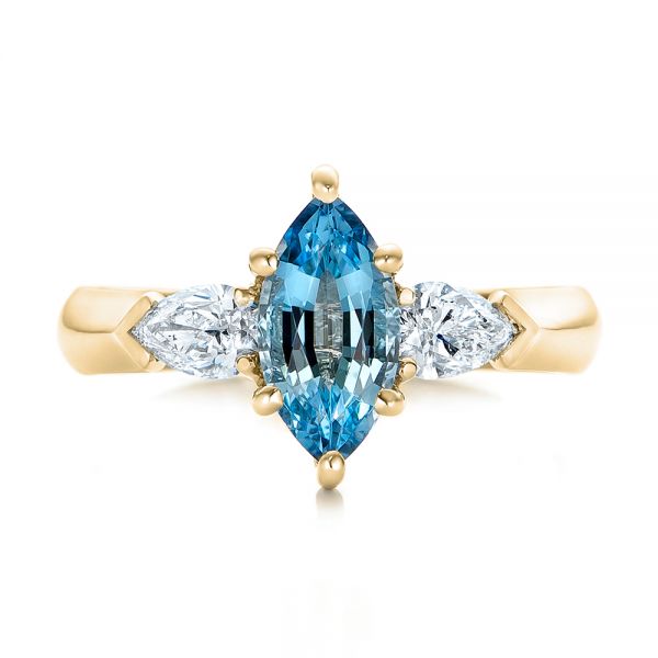 18k Yellow Gold 18k Yellow Gold Custom Three Stone Aquamarine And Diamond Engagement Ring - Top View - 102105
