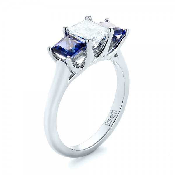 18k White Gold 18k White Gold Custom Three Stone Blue Sapphire And Diamond Engagement Ring - Three-Quarter View -  103529