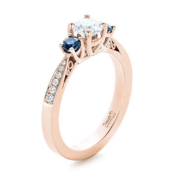 18k Rose Gold 18k Rose Gold Custom Three Stone Blue Sapphire And Diamond Engagement Ring - Three-Quarter View -  102250