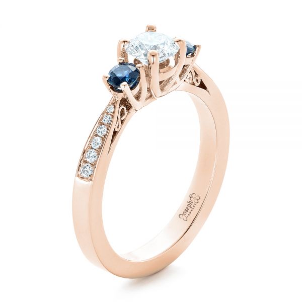 14k Rose Gold 14k Rose Gold Custom Three Stone Blue Sapphire And Diamond Engagement Ring - Three-Quarter View - 102250