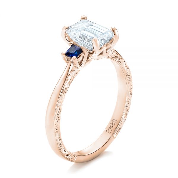 18k Rose Gold 18k Rose Gold Custom Three Stone Blue Sapphire And Diamond Engagement Ring - Three-Quarter View -  102348