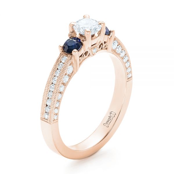 14k Rose Gold 14k Rose Gold Custom Three Stone Blue Sapphire And Diamond Engagement Ring - Three-Quarter View -  102926