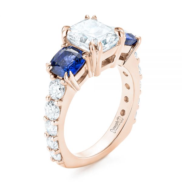 14k Rose Gold 14k Rose Gold Custom Three Stone Blue Sapphire And Diamond Engagement Ring - Three-Quarter View -  102972