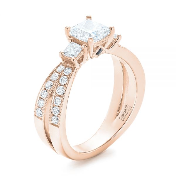 14k Rose Gold 14k Rose Gold Custom Three Stone Diamond Engagement Ring With Blue Sapphires - Three-Quarter View -  102992