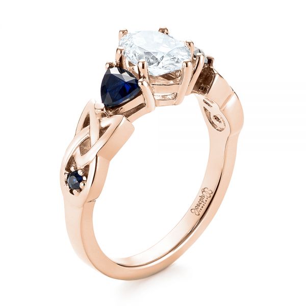 18k Rose Gold 18k Rose Gold Custom Three Stone Blue Sapphire And Diamond Engagement Ring - Three-Quarter View -  103439