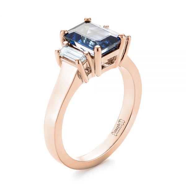 14k Rose Gold 14k Rose Gold Custom Three Stone Blue Sapphire And Diamond Engagement Ring - Three-Quarter View - 103468