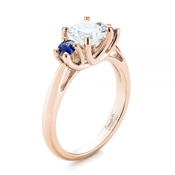 14k Rose Gold 14k Rose Gold Custom Three Stone Blue Sapphire And Diamond Engagement Ring - Three-Quarter View -  103484