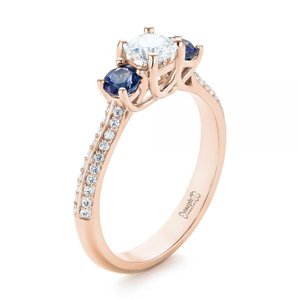 14k Rose Gold 14k Rose Gold Custom Three Stone Blue Sapphire And Diamond Engagement Ring - Three-Quarter View - 103490