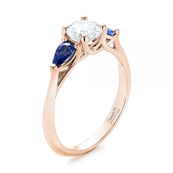 14k Rose Gold 14k Rose Gold Custom Three Stone Blue Sapphire And Diamond Engagement Ring - Three-Quarter View -  103507