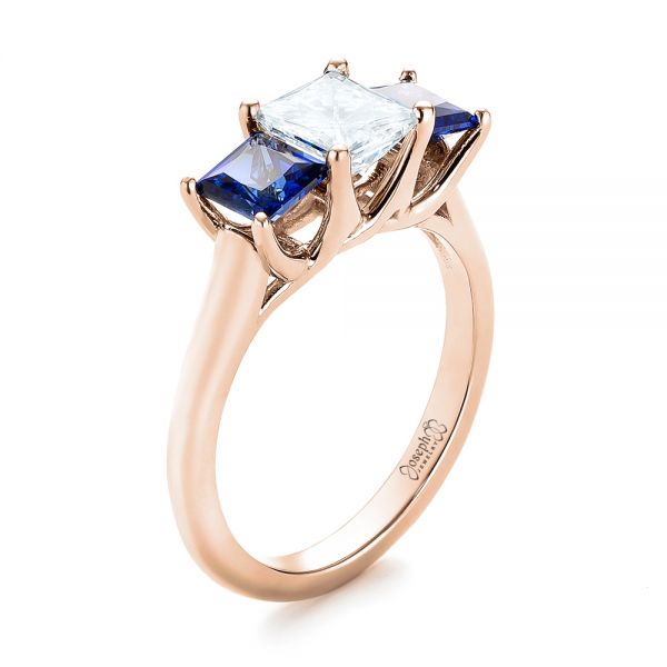 18k Rose Gold 18k Rose Gold Custom Three Stone Blue Sapphire And Diamond Engagement Ring - Three-Quarter View - 103529