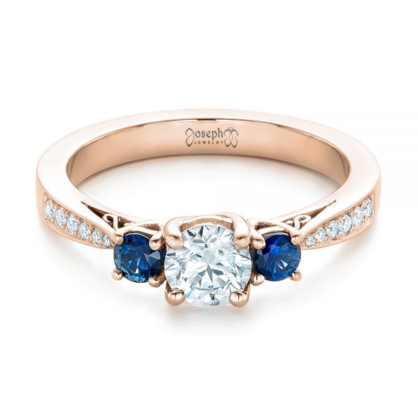14k Rose Gold 14k Rose Gold Custom Three Stone Blue Sapphire And Diamond Engagement Ring - Flat View -  102250