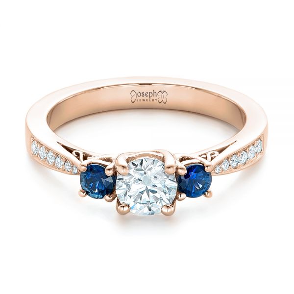 14k Rose Gold 14k Rose Gold Custom Three Stone Blue Sapphire And Diamond Engagement Ring - Flat View - 102250