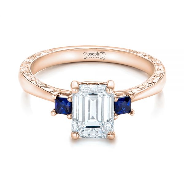 18k Rose Gold 18k Rose Gold Custom Three Stone Blue Sapphire And Diamond Engagement Ring - Flat View -  102348