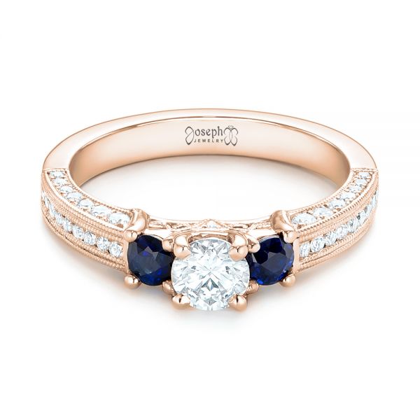 18k Rose Gold 18k Rose Gold Custom Three Stone Blue Sapphire And Diamond Engagement Ring - Flat View -  102926
