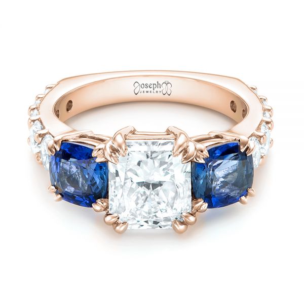 14k Rose Gold 14k Rose Gold Custom Three Stone Blue Sapphire And Diamond Engagement Ring - Flat View -  102972