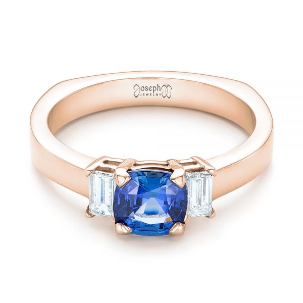 14k Rose Gold 14k Rose Gold Custom Three Stone Blue Sapphire And Diamond Engagement Ring - Flat View -  102985