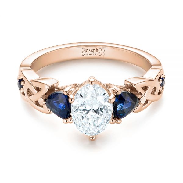 14k Rose Gold 14k Rose Gold Custom Three Stone Blue Sapphire And Diamond Engagement Ring - Flat View -  103439